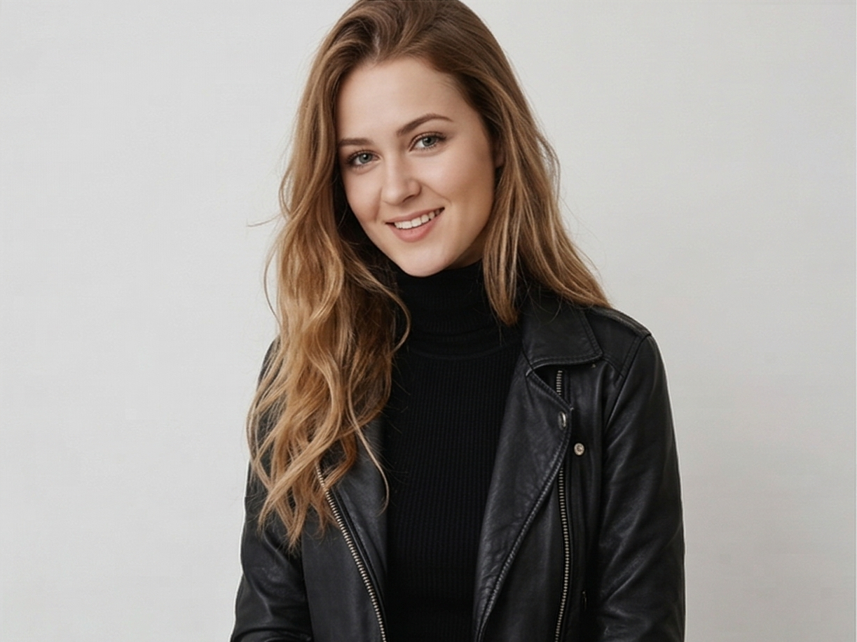 Smiling woman leather jacket